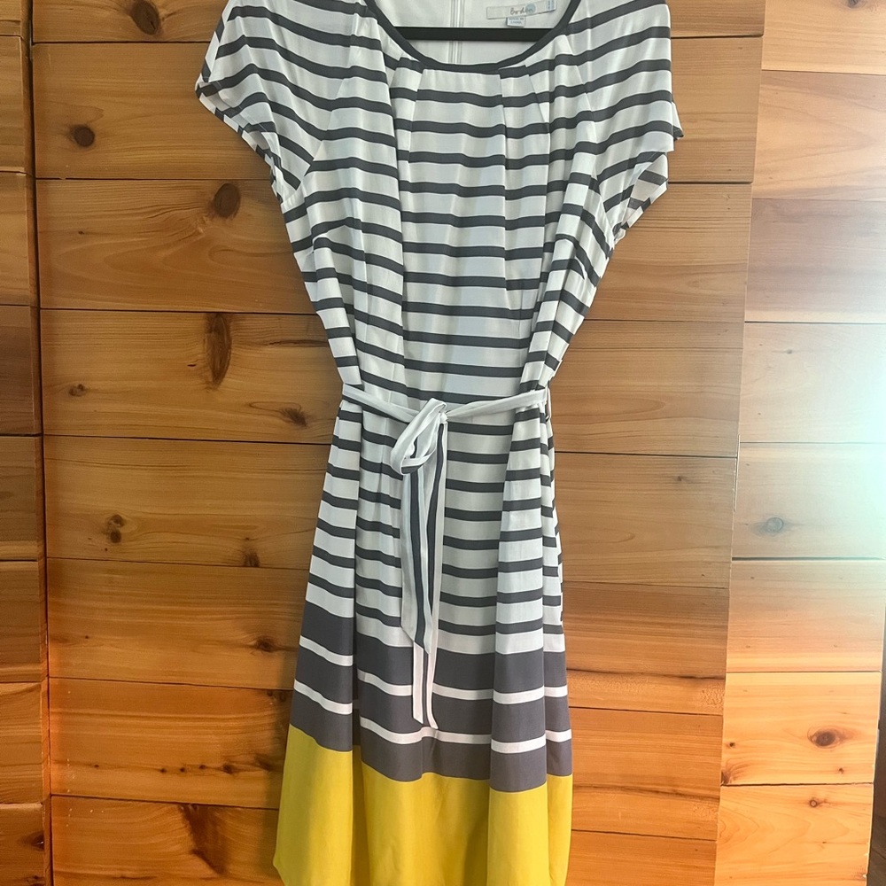 Boden Black and White Striped Midi Dress with Yellow Hem